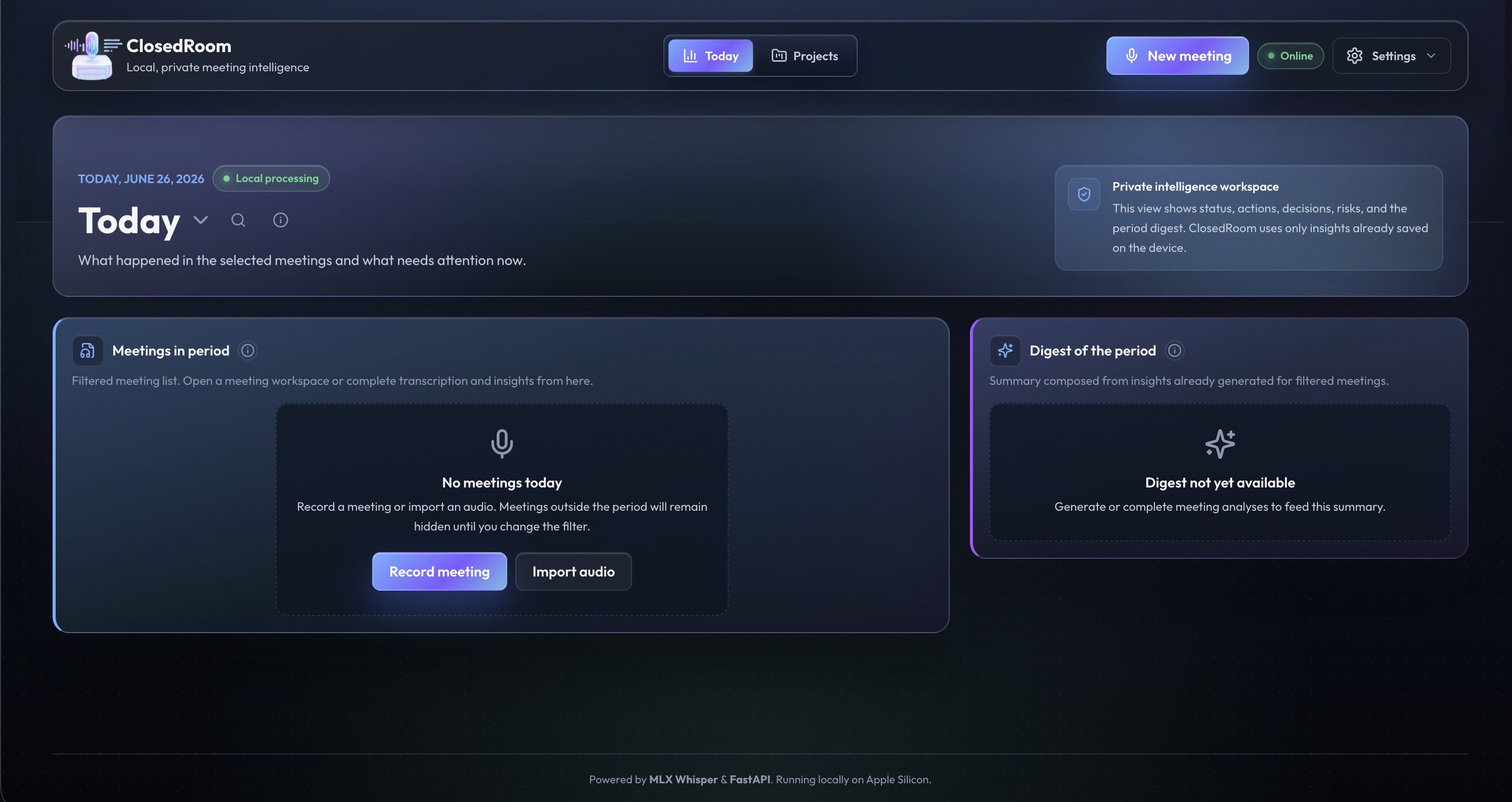 ClosedRoom Today workspace home screenshot