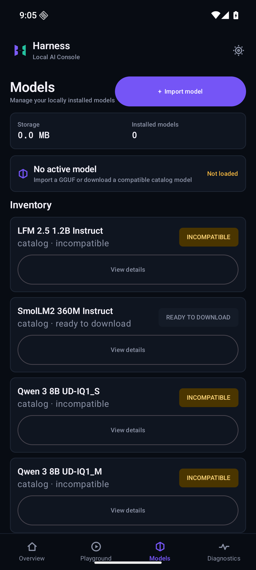 Harness Models screen