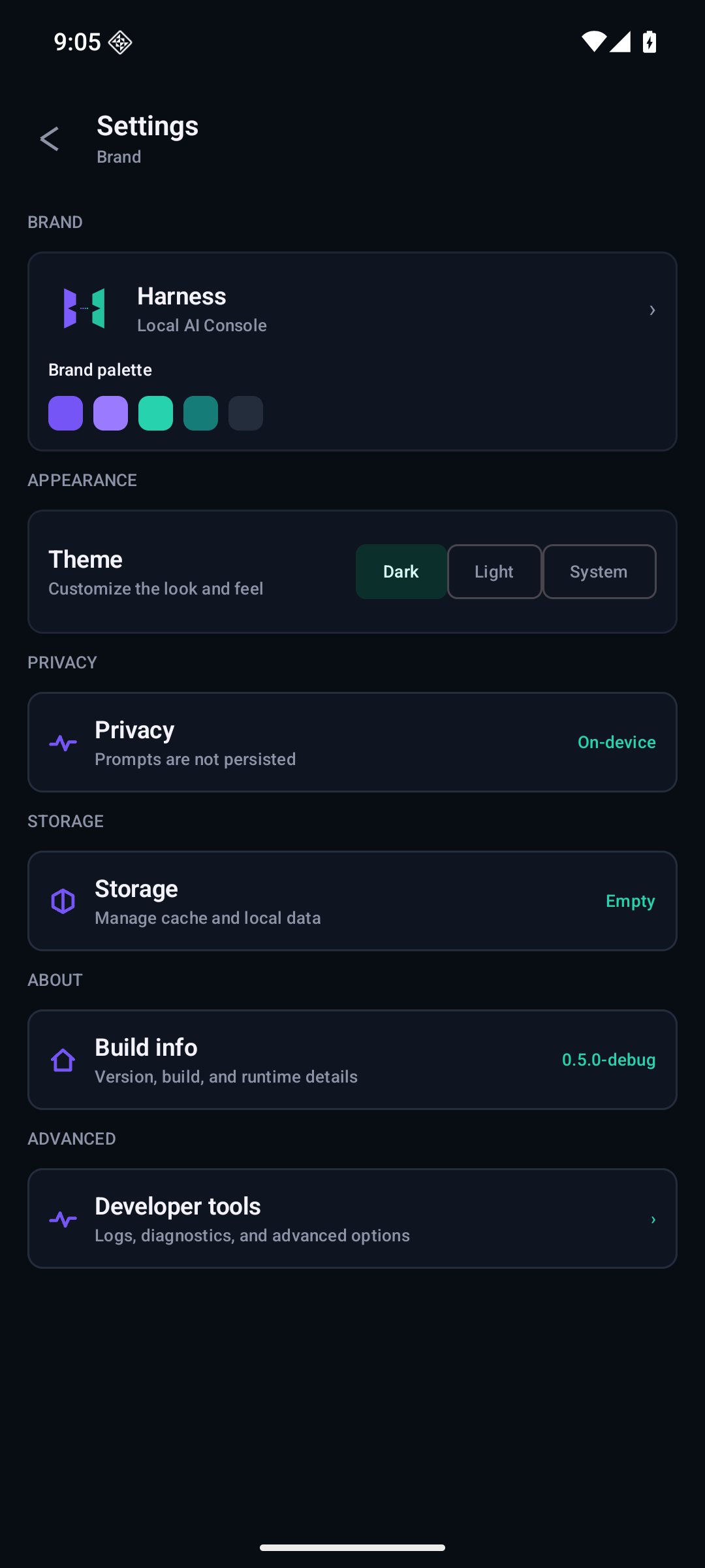 Harness Settings screen