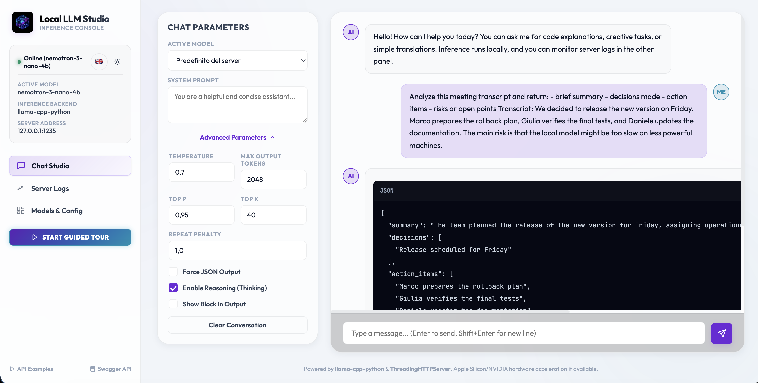 Local LLM Server Chat Studio interface preview