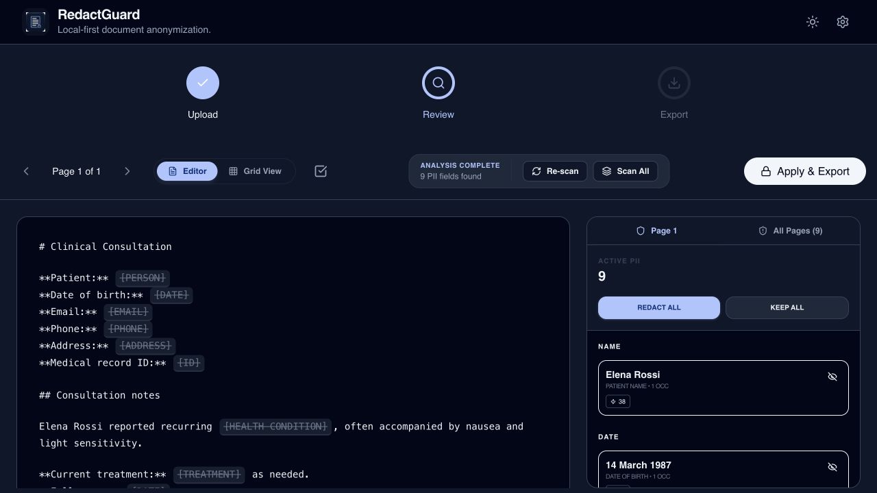 RedactGuard review screen with detected sensitive data and redaction controls