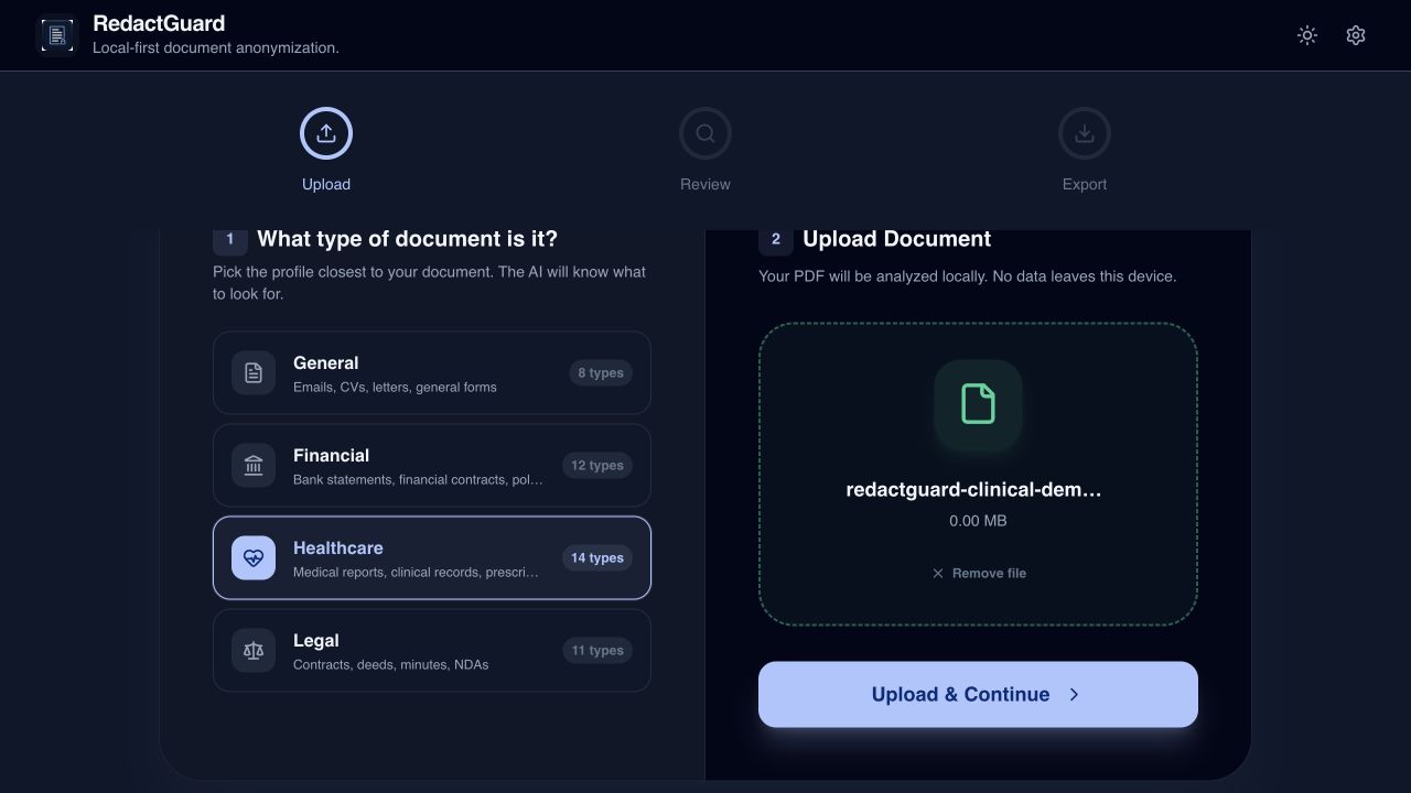 RedactGuard Choose the document and profile screen
